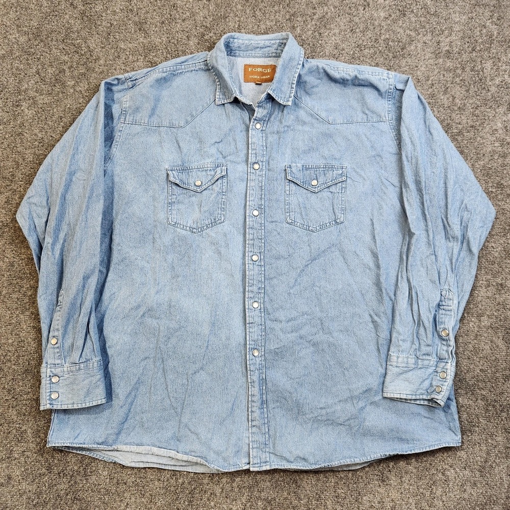 Forge Western Shirt Mens 2XLT Blue Denim Snap Front Long Sleeve Workwear Cowboy